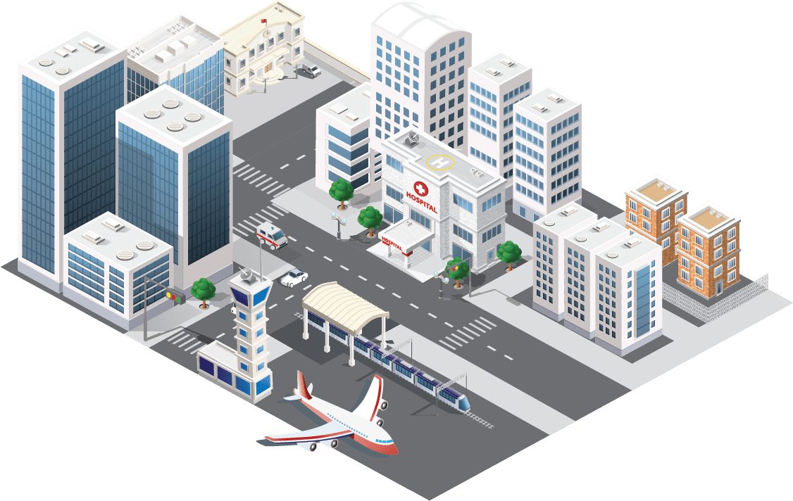 Animated graphic of a city with buildings city